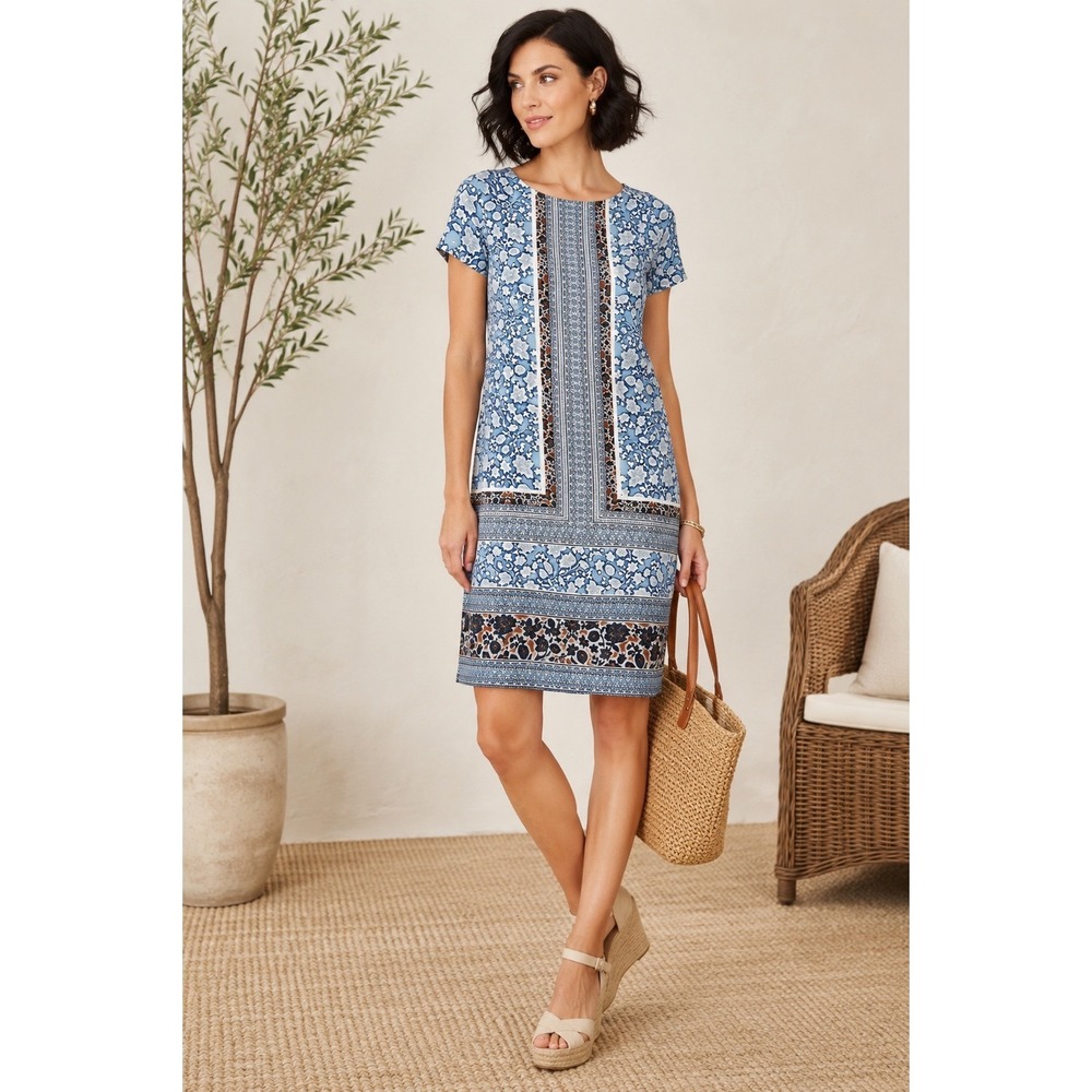 J. Jill Blue Floral Medallion Border Print Shift Dress Short Sleeve Medium